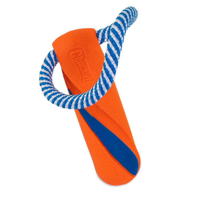 The Chuckit! Ultra Bumper Tug Dog Toy by Chuckit! is orange and blue with "Chuckit!" embossed on it and a sturdy blue-and-white twisted rope, ideal for fetch or tug-of-war games with your dog.