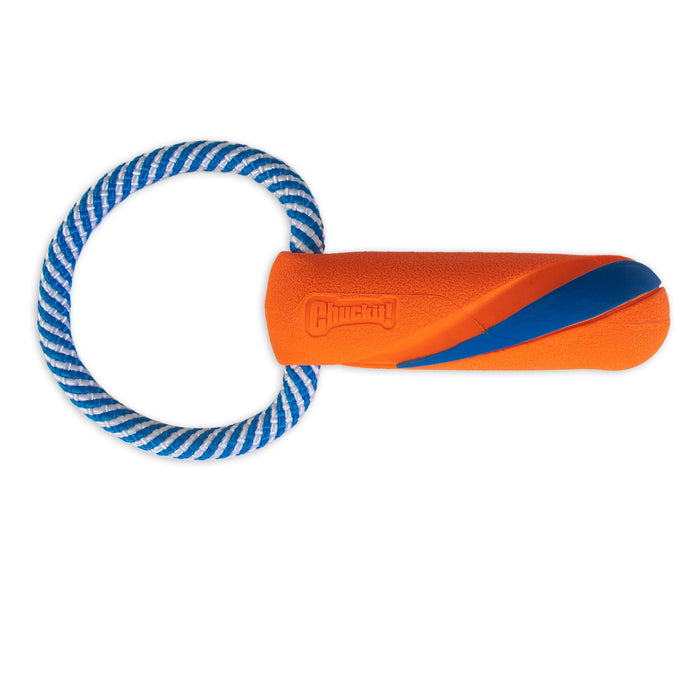The Chuckit! Ultra Bumper Tug Dog Toy by Chuckit! features an orange and blue design with a cylindrical foam handle and a blue-and-white braided rope loop for interactive fetch and tug play.
