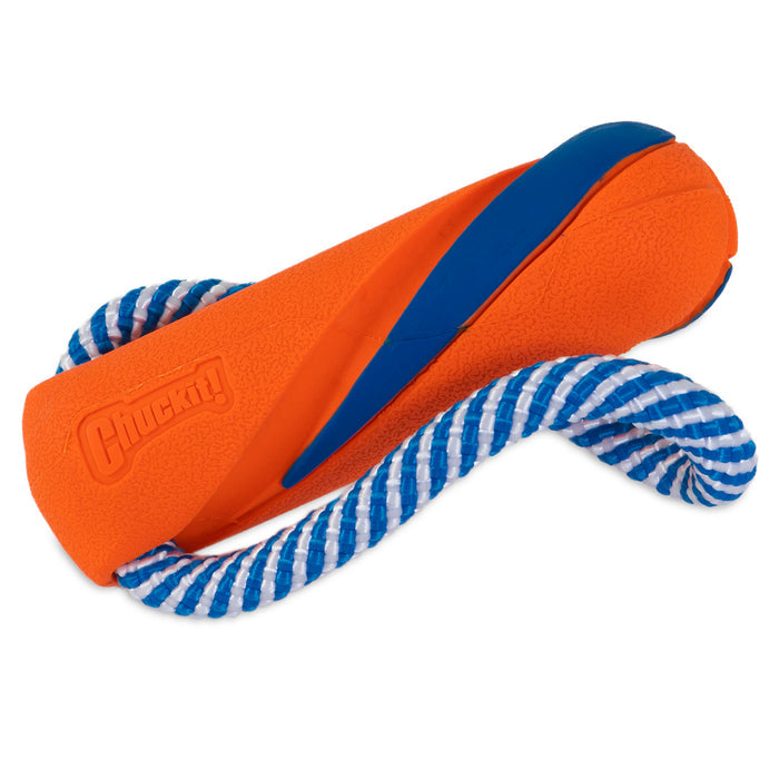 The Chuckit! Ultra Bumper Tug Dog Toy by Chuckit! features an orange and blue textured surface with a blue-and-white striped rope, perfect for endless tossing, fetching, and tug-of-war fun.