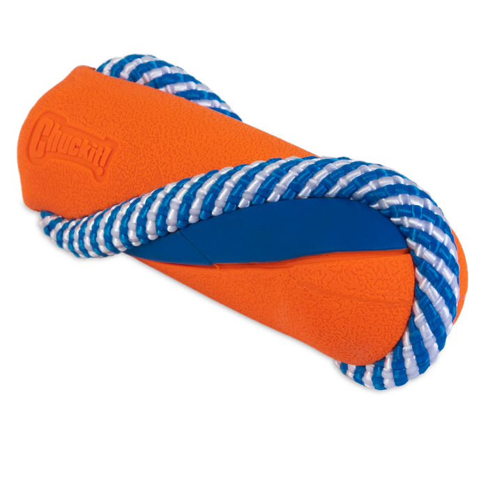 The Chuckit! Ultra Bumper Tug Dog Toy by Chuckit! features an orange and blue bumper embossed with "Chuckit!" and is wrapped in a blue and white braided rope—perfect for fetch and tug games with your pup.