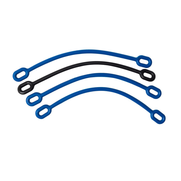 Four flexible replacement bands—two blue and two black—are displayed on a white background, designed for the Chuckit! Ultra Cannon fetch launcher. Ideal as 16" small/medium replacement bands; sold in a 4-pack by Chuckit!.