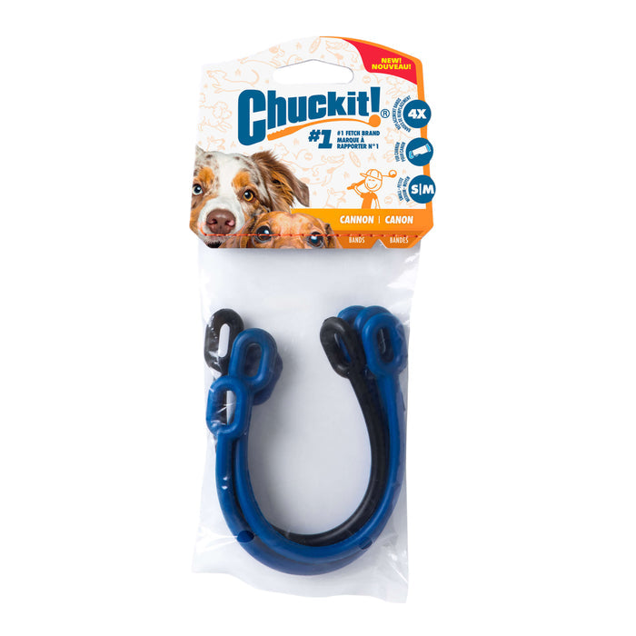 The Chuckit! Ultra Cannon Replacement Band Pack 16" Small/Medium – 4-Pack includes four durable blue rubber rings, ideal as replacement bands for the Chuckit! Cannon. Suitable for medium-size dogs, with 4x toughness. Brand: Chuckit!.