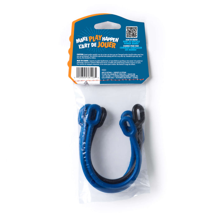 The Chuckit! Ultra Cannon Replacement Band Pack 16" Small/Medium – 4-Pack by Chuckit! comes in clear packaging with a blue, bilingual Make Play Happen / L'Art de Jouer label. Perfect for use with Chuckit! Ultra Cannon accessories or fetch launchers.