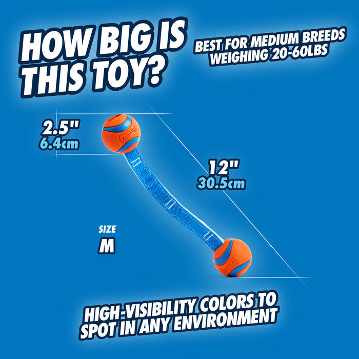 Blue background image shows the Chuckit! Ultra Duo Tug Dog Toy Med by Chuckit!—a tough toy with two orange and blue 2.5-inch balls on a blue strap, size M (12" long), ideal tug toy for medium dogs (20–60 lbs) in high-visibility colors.