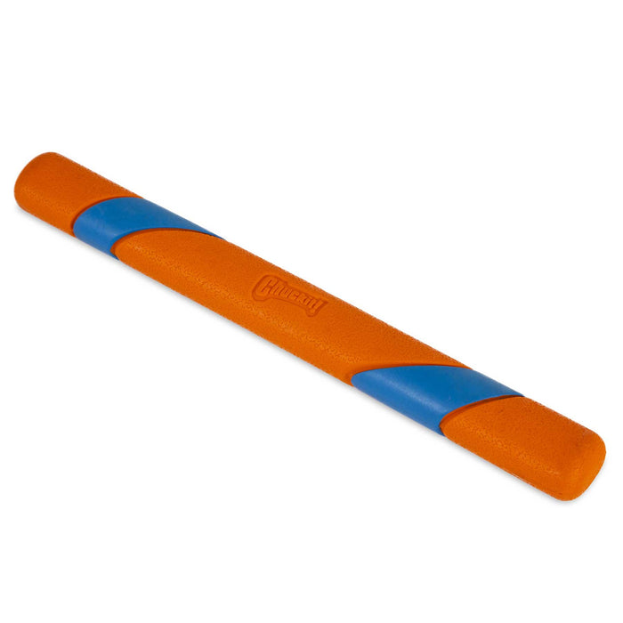 The Chuckit! Ultra Fetch Stick by Chuckit! is an orange foam stick toy with blue diagonal stripes, featuring the embossed Chuckit! logo. This durable fetch toy is designed for dogs to fetch and chew.