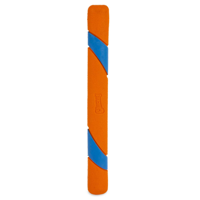 The Chuckit! Ultra Fetch Stick by Chuckit! is shown vertically against a white background—an orange, narrow stick with blue diagonal stripes and a textured surface, designed as a durable and fun interactive dog toy.