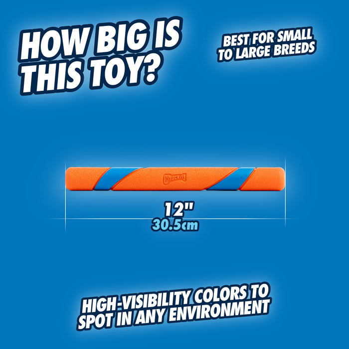 The Chuckit! Ultra Fetch Stick by Chuckit!, in orange and blue, measures 12 inches (30.5 cm). Shown on a blue background, the text highlights its high-visibility colors, tough durability, and suitability for small to large dog breeds.