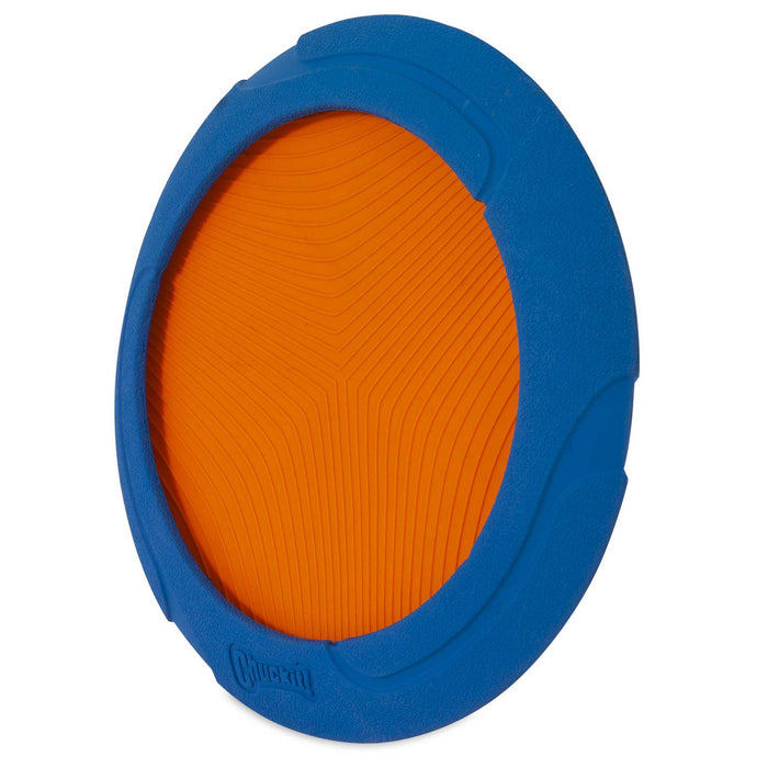 The Chuckit! Ultra Flight by Chuckit! is a round dog fetch toy with a textured orange center and thick blue rubber rim for durability and easy grip, ideal as a flying fetch toy for active pups.