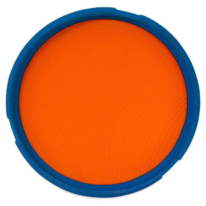 A round, flat orange disc with a textured surface and thick blue rim, resembling the Chuckit! Ultra Flight by Chuckit!, viewed from above.