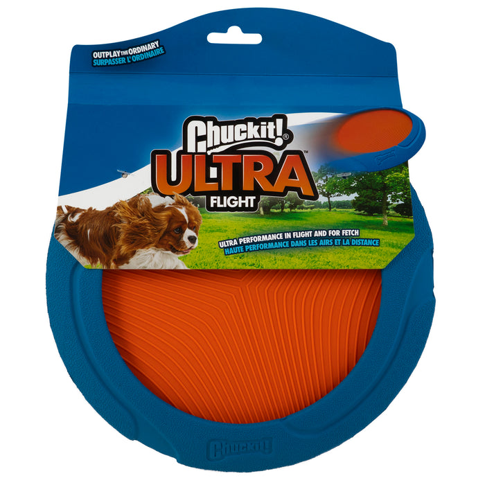 A Chuckit! Ultra Flight dog fetch toy from Chuckit! in blue and orange packaging shows a brown and white dog running on grass, with text promoting its ultra performance as a flying fetch toy.