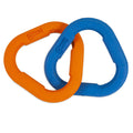 The Chuckit! Ultra Links dog toy by Chuckit! features two interlocking, rounded triangle rubber rings—one orange and one blue—with small side gaps and “Chuckit!” embossed on both, perfect for interactive play.