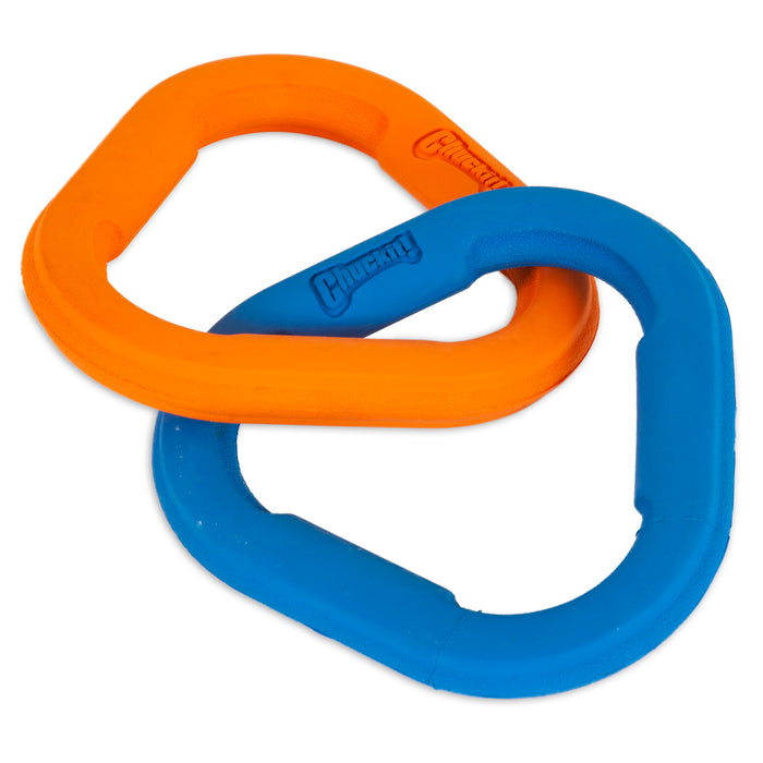 Two interlocked Chuckit! Ultra Links from Chuckit!—durable, interactive dog toys—feature chunky triangle shapes with rounded edges in vibrant orange and blue.