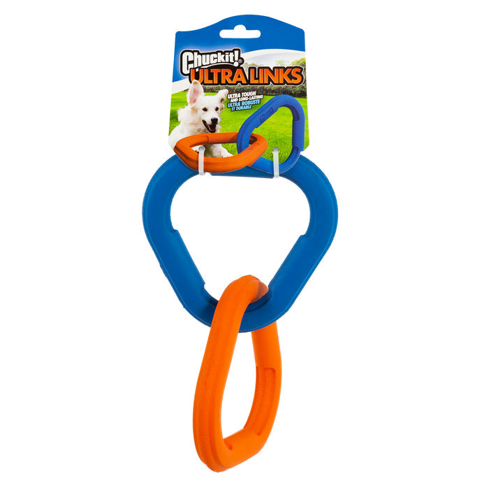 Chuckit! Ultra Links by Chuckit! features three interlocking dog toy rings—two orange and one blue—built for durability and interactive play. The packaging displays a small white dog on green grass, with the rings linked together.