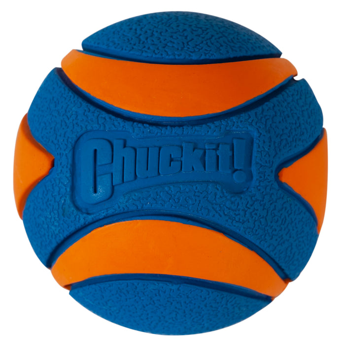 The Chuckit! Ultra Squeaker Ball by Chuckit! is a blue and orange rubber dog toy with textured grip patterns and curved orange stripes, designed to squeak and make fetch more exciting.