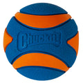 The Chuckit! Ultra Squeaker Ball by Chuckit! is a blue and orange rubber dog toy with textured grip patterns and curved orange stripes, designed to squeak and make fetch more exciting.
