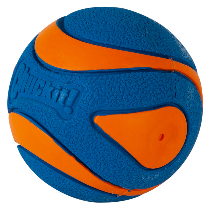 The Chuckit! Ultra Squeaker Ball by Chuckit! is a blue rubber dog toy with orange curved stripes and a textured surface, featuring the embossed brand name. Durable and squeaky, it’s perfect for hours of play.