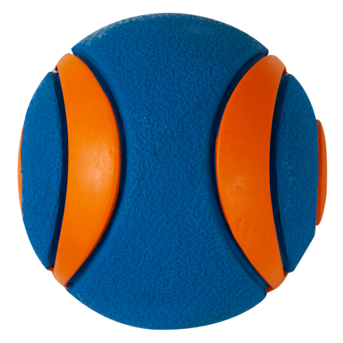 The Chuckit! Ultra Squeaker Ball by Chuckit! is a blue rubber dog toy featuring a textured surface and curved orange stripes, displayed on a white background.