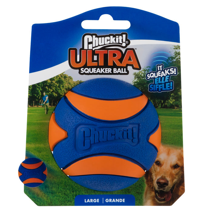 The Chuckit! Ultra Squeaker Ball by Chuckit! comes in blue and orange “Large” packaging with a park-themed background showing a dog and person. The English and French text highlights its squeaky, durable rubber design.