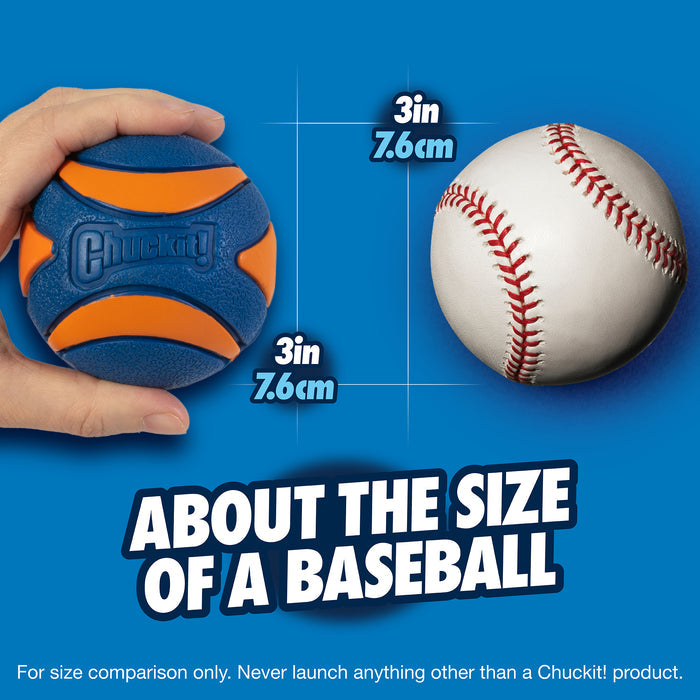 A hand holds a Chuckit! Ultra Squeaker Ball by Chuckit!—a durable rubber dog toy—next to a 3-inch (7.6 cm) white baseball, with “About the size of a baseball” text on a blue background.