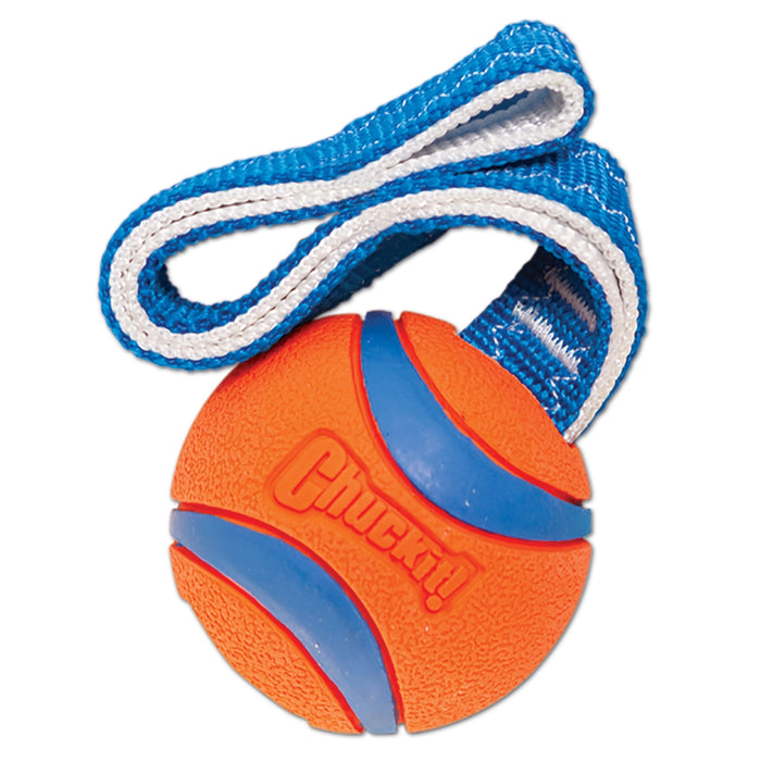 The Chuckit! Ultra Tug Dog Toy by Chuckit! is a durable orange and blue rubber ball with a blue and white woven strap, ideal for playing fetch or tug-of-war with your dog.