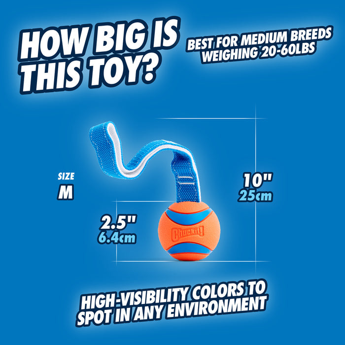 A blue background shows the Chuckit! Ultra Tug Dog Toy—an orange and blue ball with a handle by Chuckit! Text: Medium, 2.5 in (6.4 cm) ball, 10 in (25 cm) long—durable for medium breeds and easy to spot.