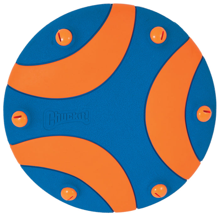 The Chuckit! Whistle Flight Dog Fetch Toy by Chuckit! is a blue and orange rubber fetch toy with raised orange bumps and curved sections, designed for interactive play. "Chuckit!" is embossed on the blue area.