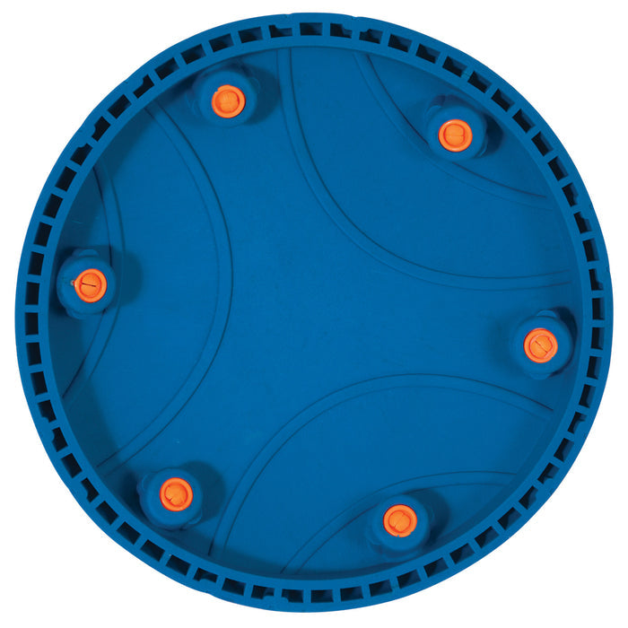 The Chuckit! Whistle Flight Dog Fetch Toy by Chuckit! is a round, blue fetch toy with six orange knobs and rectangular cutouts along the edge, featuring a patterned surface. Photographed on a white background.