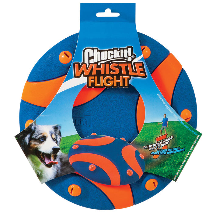 The Chuckit! Whistle Flight Dog Fetch Toy by Chuckit! is a blue and orange frisbee-style toy in packaging featuring a dog and person playing fetch on grass, with the whistle sound highlighted.