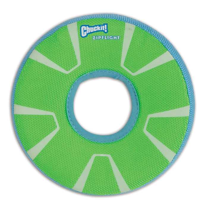 The Chuckit! Zipflight Max Glow Dog Toy is a bright green and blue circular fetch toy with a center hole, white accents, and "Chuckit! Zipflight" printed on it—perfect for high-visibility games of fetch.