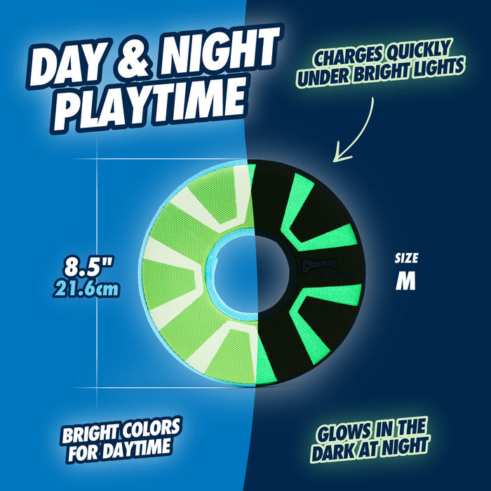 The Chuckit! Zipflight Max Glow Dog Toy by Chuckit! is a round, medium (8.5"/21.6cm) fetch disk—half bright green, half glow-in-the-dark for high visibility and fast charging under lights, perfect for day or night play.