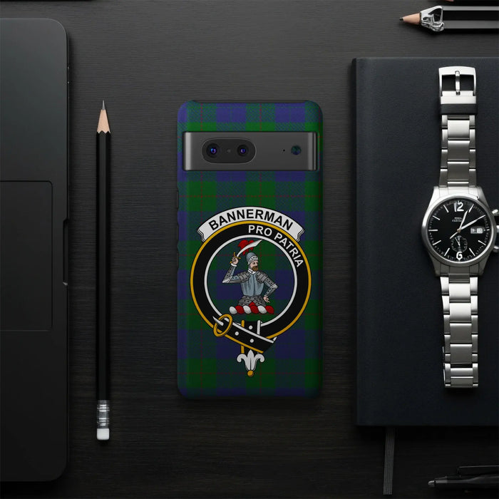Bannerman pro patria clan crest phone case — Google Pixel shown, full wrap print