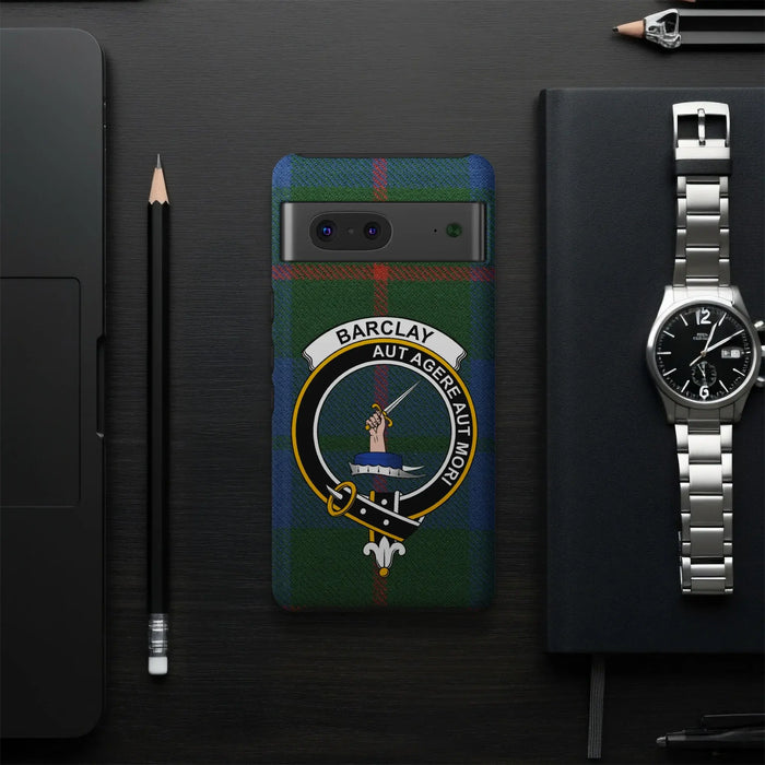 Barclay tartan crest case closeup — glossy 3D wrap print, clan design associated with Scottish heritage
