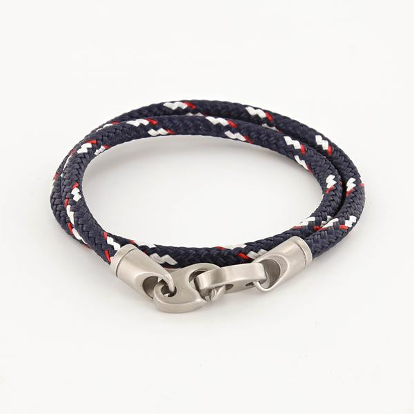 Contender Double Wrap Rope Bracelet with Matte Stainless Steel Brummels (Navy/Red/White)