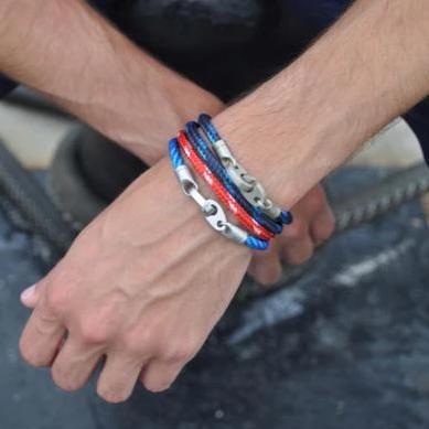Contender Double Wrap Rope Bracelet with Matte Stainless Steel Brummels (Navy/Red/White)