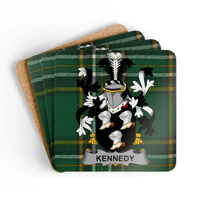 Kennedy Irish family crest coaster set on the Irish National Tartan