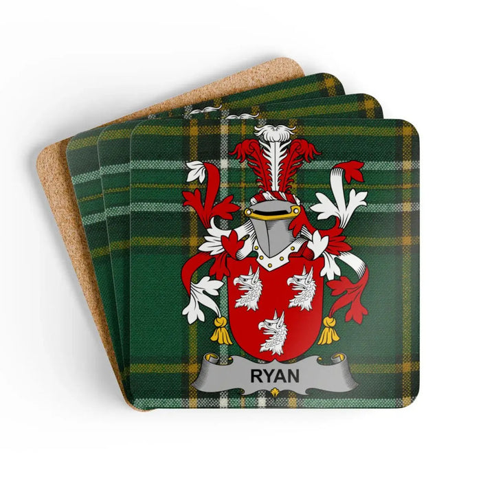 Ryan Irish family crest coaster set on the Irish National Tartan