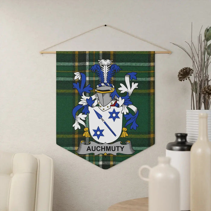 Auchmuty Irish family crest pennant on the Irish National Tartan