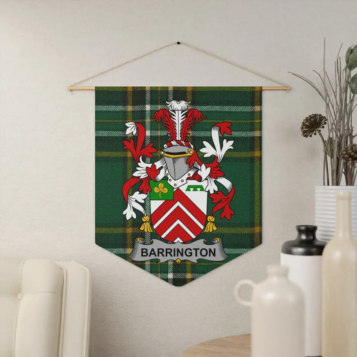 Barrington Irish family crest pennant on the Irish National Tartan