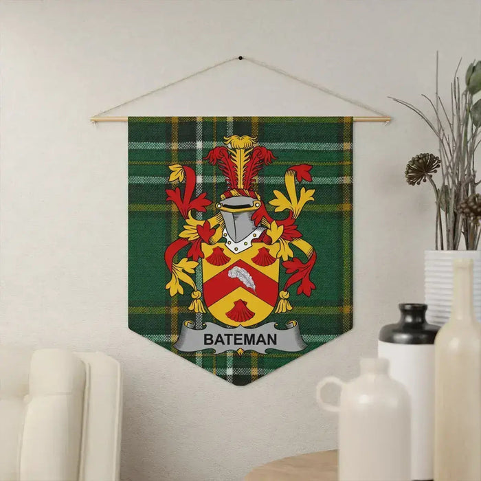 Bateman Irish family crest pennant on the Irish National Tartan