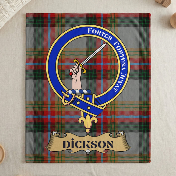 Dickson clan tartan throw blanket with crest — draped display