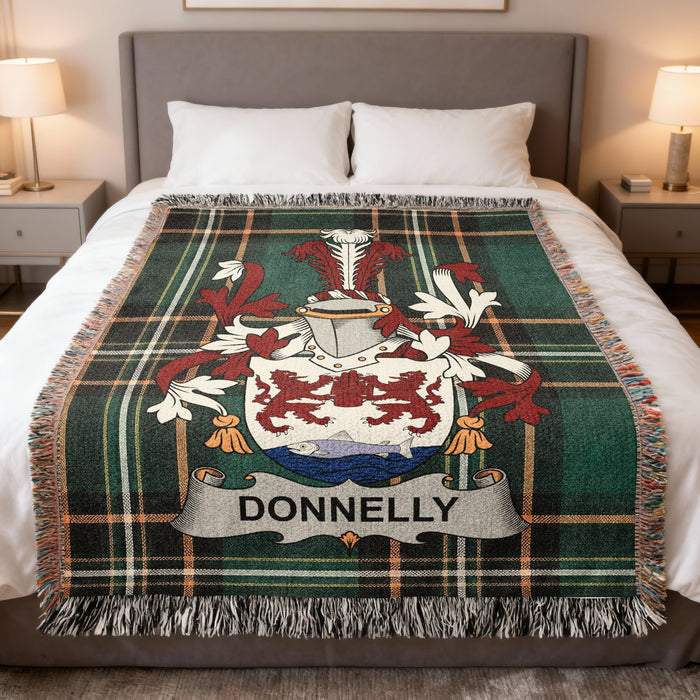 Donnelly Irish heritage woven blanket with family crest emblem