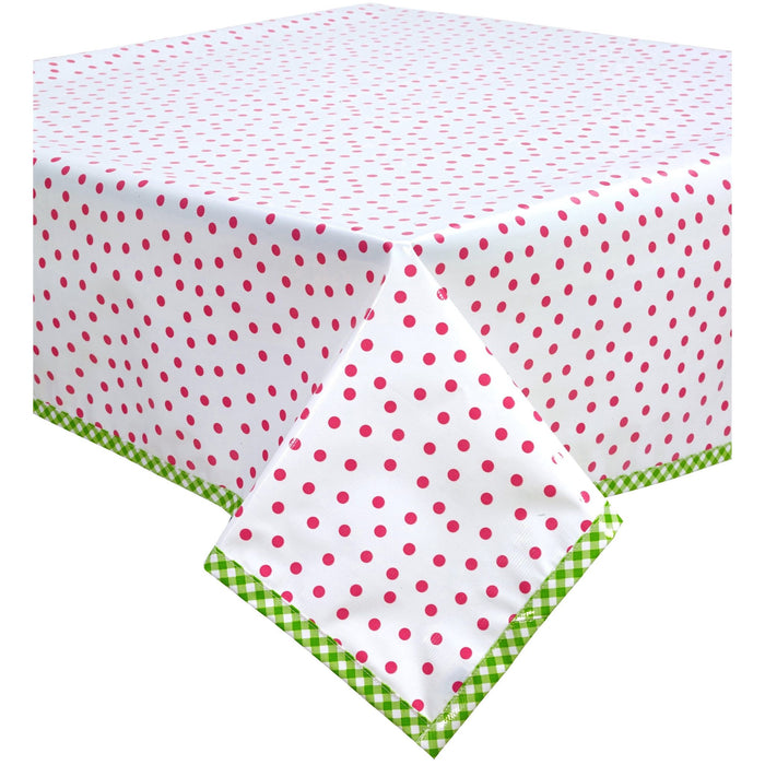 freckled sage dot pink oilcloth tablecloth with lime green gingham trim