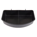 The Petmate Double Water Cup For Kennel is a black, rectangular, plastic bin with two compartments, hooks at the top for hanging or attachment, ensuring secure and spill-free travel.