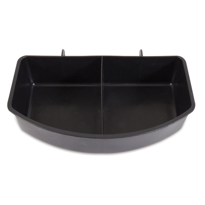 The Petmate Double Water Cup For Kennel is a black, rectangular, plastic bin with two compartments, hooks at the top for hanging or attachment, ensuring secure and spill-free travel.