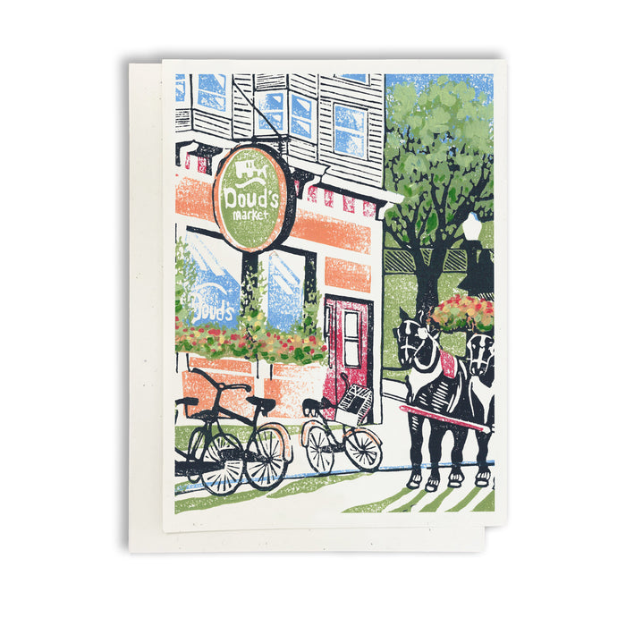 Douds Market #2. A casually elegant card featuring a digital reproduction of a block print design with the same title by Natalia Wohletz of Peninsula Prints, Milford and Mackinac Island, Michigan.