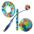 The EcoFetch Essentials Bundle by Chuckit! includes four colorful dog toys—a ring, stick, launcher with ball, and large ball—made from recycled rubber in a blue, orange, green, and white splatter pattern.