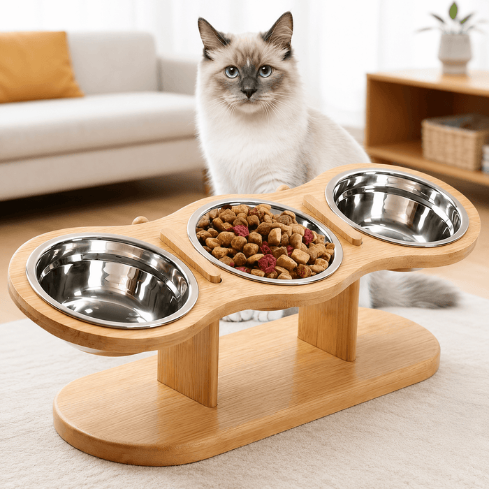 Elevated Bamboo Pet Feeder – 3-Bowl Feeding Station for Cats & Small Dogs Fursera