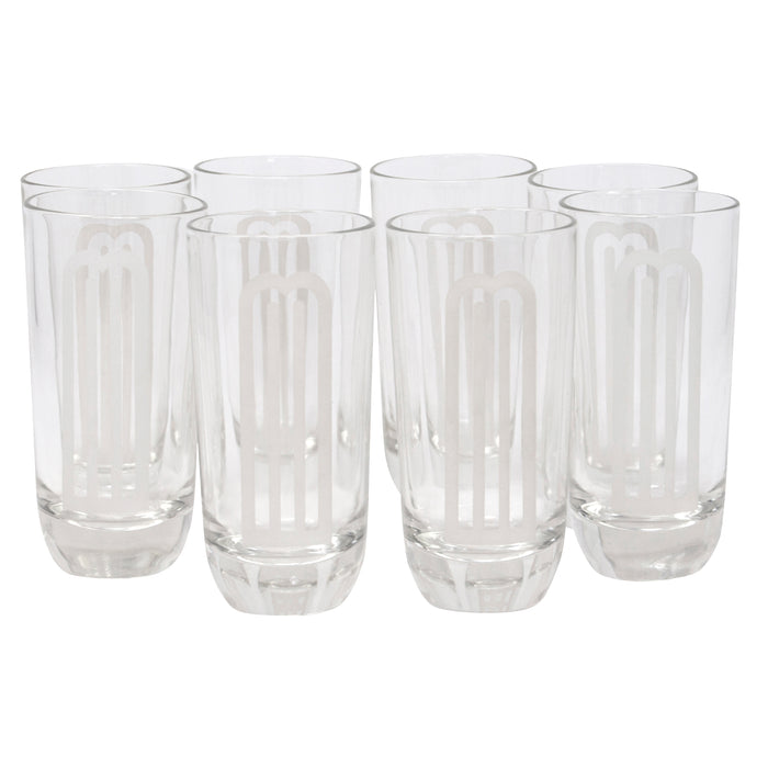 Vintage Etched Art Deco Arched 'M' Highball Glasses Front | The Hour Shop