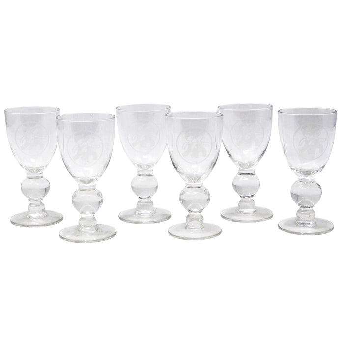 Etched Boys Knob Stem Cordial Glasses