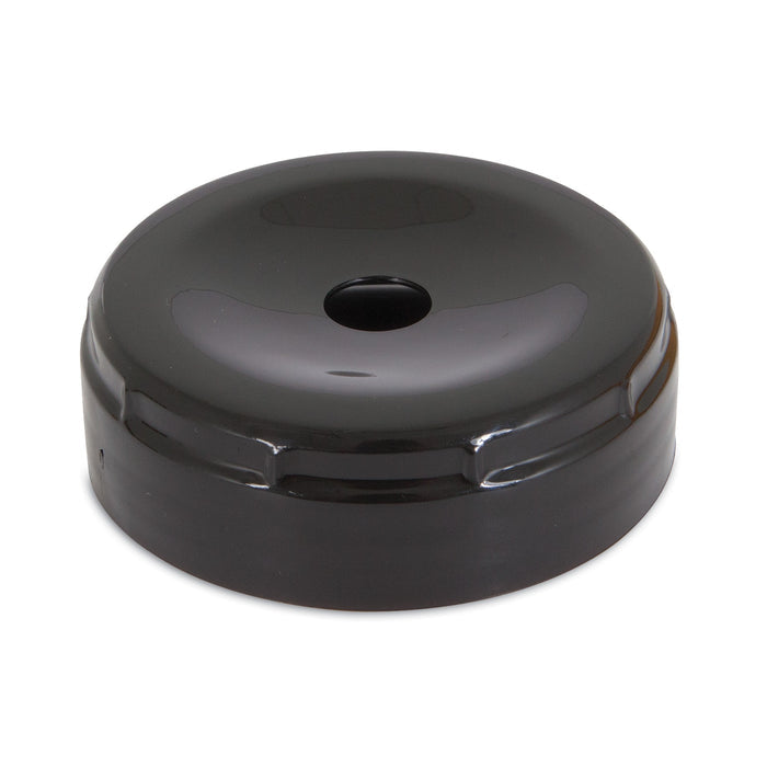 The Petmate Extra Small Lebistro Gravity Waterer Replacement Cap/Lid is a black, round plastic cap with a central hole, designed for the Aspen Pet 1/2 gallon waterer to allow straw or spout insertion.